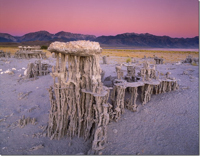 USA, California, Mono Lake, Tufa towers with Sierra mountains at twilight USA, California, Mono Lake, Tufa towers with Sierra mountains at twilight