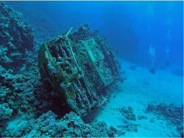 коралловый риф с затонувшей яхтой в лагуне Красного моря
