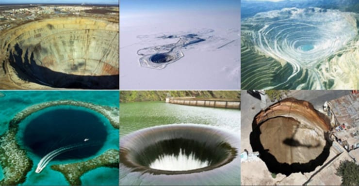 коллаж с крупными провалами и карьерами на поверхности Земли