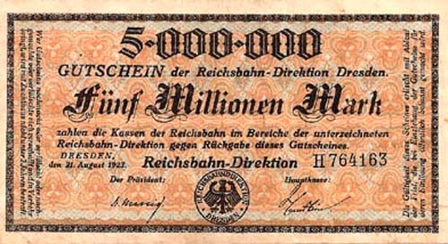 германская банкнота 1923 года номиналом 5 миллионов марок