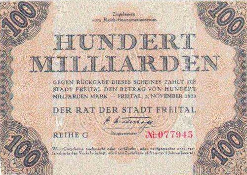германская банкнота 1923 года номиналом 100 миллиардов марок