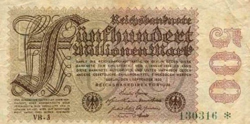 германская банкнота 1923 года номиналом 500 миллиардов марок
