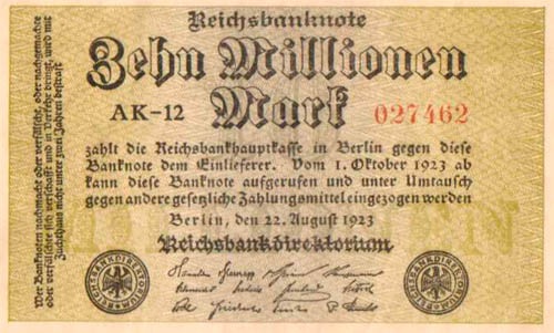 германская банкнота 1923 года номиналом 10 миллионов марок