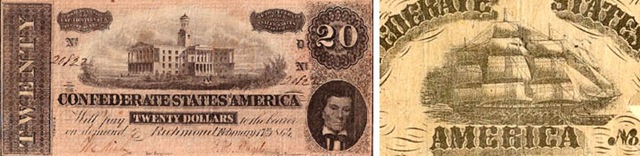 банкнота Конфедерации 1864 года номиналом 20 долларов