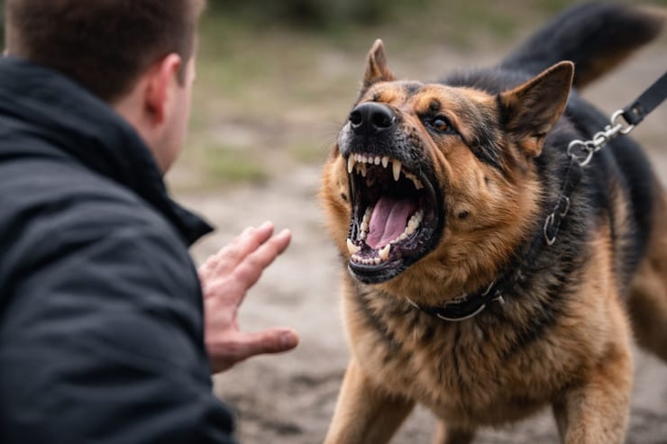 собака рычит на мужчину
