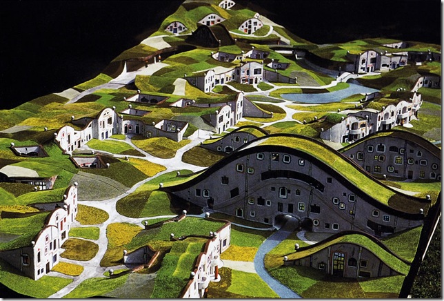макет холмистого поселения с травяными крышами, 1989